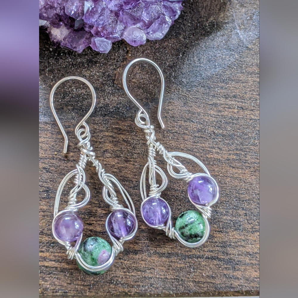 Sterling Silver Earrings Amethyst And Ruby Zoisite Gems Art Deco Designer